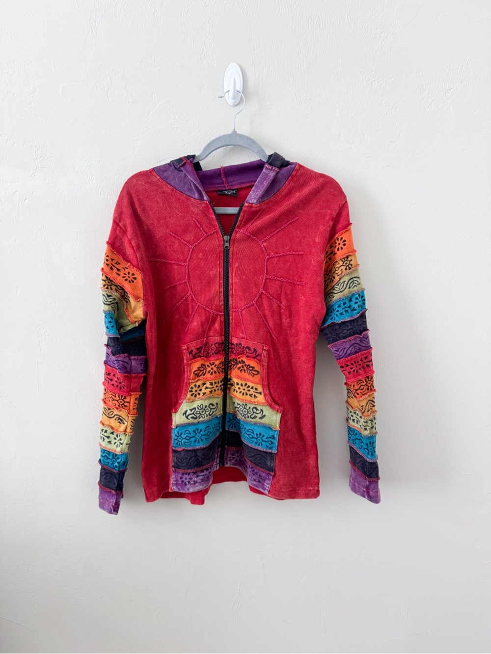 Greater Good Red Rainbow Stripe and Pattern Patches Hooded Zip Jacket
